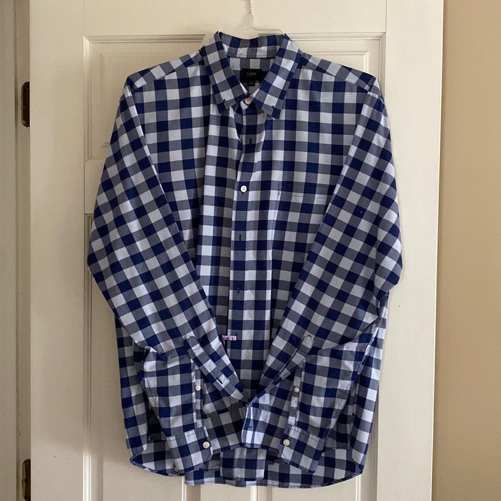 J. Crew navy and white large checked button-down.